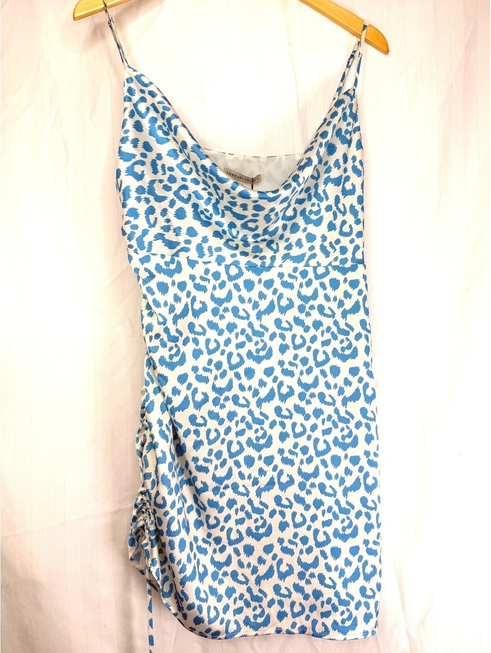 UO The East Order Mini Dress, Blue Leopard Print Satin Ruched NWT